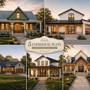 May include: A composite image displaying five modern farmhouse designs. Each house presents distinct architectural features, such as gabled roofs and porches, with diverse exterior colours. The image includes text: "5 Farmhouse Plans Modern Farmhouse Bundle."