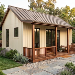 May include: A small, cream-colored house with a brown metal roof and wooden porch. The house has a porch with a railing and a small seating area. Landscaping includes green grass, stone pavers, and various plants.
