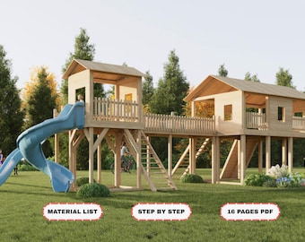 Op de afbeelding: Een houten speelset met twee verhoogde structuren verbonden door een brug. Eén structuur heeft een blauwe glijbaan. De speelset is omgeven door groen gras en bomen. Tekst op de afbeelding luidt "MATERIAL LIST", "STEP BY STEP" en "16 PAGES PDF".