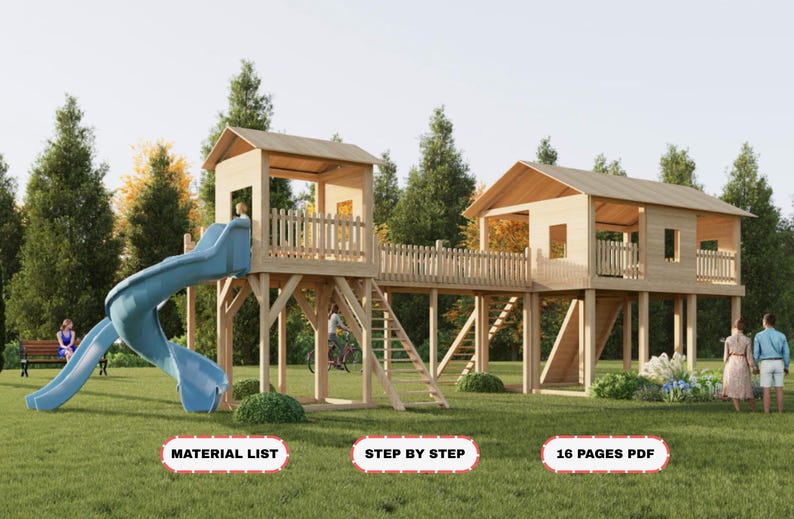 Playground Build DIY Kids Playground Plans | Elevated Wooden Playhouse With Bridge ...