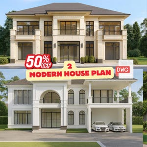 May include: Two modern house plans are shown, illustrating exterior designs. The top plan has a beige facade with dark window frames, and the bottom plan features a white exterior with a carport. The image includes text indicating a 50% discount.