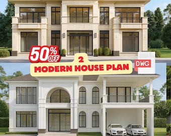 Modern Villa House Plan Bundle | 4-6 Bedroom Architectural Blueprints (PDF & DWG)