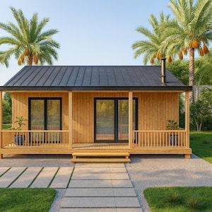 Modern Cabin House Plan with Terrace – 2 Bedroom, 1 Bath, Open Concept Living, DIY Construction Blueprints & Material List, DWG File