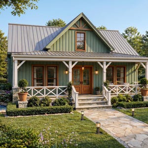 Puede incluir: Una encantadora casa de campo verde con techo de metal, porche blanco y camino de piedra. La casa tiene puertas y ventanas de madera, con plantas en macetas que añaden un toque de vegetación. El exterior está rodeado de exuberante paisajismo y una pequeña cascada.