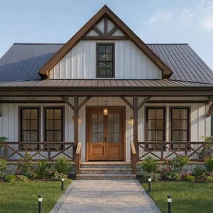 May include: A white farmhouse with a dark gray metal roof and brown wooden trim. The house has a front porch with a wooden railing and a stone walkway leading to the front door. Landscaping includes green grass and various plants.