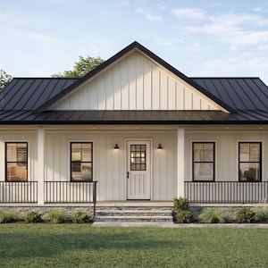 Modern Farmhouse House Plans 3 Bedroom 2 Bath | Single Story Floor Plan PDF | Sunroom Flex Space | Instant Download / Material List