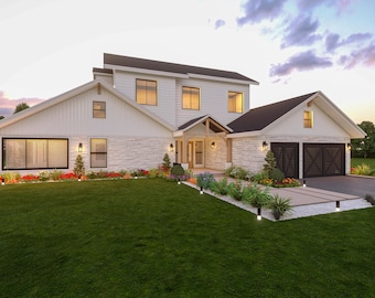 Modern Farmhouse Floor Plan | 2 Story House Design with Garage, 6 Bedrooms, Office, Gym & Loft | Printable PDF Architectural Plans