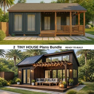 Tiny House Plans Bundle, 2 Small Cabin House Plans, 1 Bedroom Tiny Home Floor Plans, Modern Cottage PDF Plans with Deck