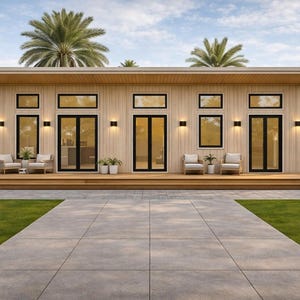 Op de afbeelding: Buitenaanzicht van een moderne, gelijkvloerse woning met lichte houten gevelbekleding en een plat dak. De woning heeft grote ramen en deuren met zwarte kozijnen, een houten terras en een betonnen pad. Palmbomen zijn zichtbaar.