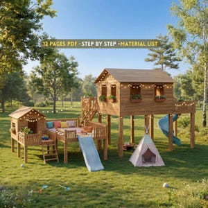 May include: A wooden playhouse with a slide, a small tent, and a deck area. The playhouse has a brown roof and is elevated on wooden posts. The image includes the text: "12 PAGES PDF - STEP BY STEP - MATERIAL LIST". The play area is set on a grassy lawn.