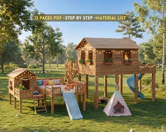 May include: A wooden playhouse with a slide, a small tent, and a deck area. The playhouse has a brown roof and is elevated on wooden posts. The image includes the text: "12 PAGES PDF - STEP BY STEP - MATERIAL LIST". The play area is set on a grassy lawn.