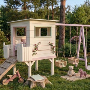 May include: A charming outdoor playhouse and swing set. The playhouse is painted white with pink trim and floral details. A wooden ramp leads to the playhouse. A small pink tricycle and soft toys are placed nearby.