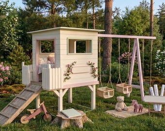 Backyard Playhouse Plans with Swing Set & Slide – DIY Wooden Kids Playset Blueprint – Outdoor Playhouse PDF – Step by Step Building Guide