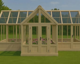 May include: A light-colored wooden greenhouse with glass panels and a gabled roof. The structure features double doors and multiple windows, with visible plants inside. The greenhouse is set on a green lawn.