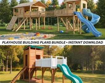 2 Playhouse Plans Bundle | DIY Backyard Playground Plans | Kids Treehouse With Slide & Swings | Outdoor Playset Plans PDF Download