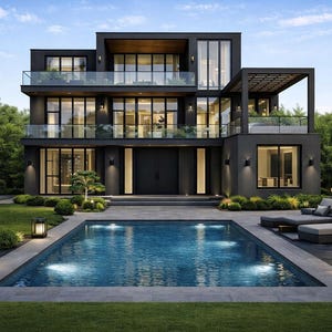 May include: Modern, multi-story home with a dark gray exterior, glass windows, and a flat roof. Features a swimming pool, outdoor seating, and lush landscaping. Palm trees and greenery surround the property, creating a luxurious atmosphere.