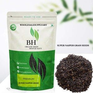 Op de afbeelding: Een verpakking Super Naiper Grass Seeds met de tekst "READY TO USE" en "ORGANIC SEEDS HIGH QUALITY". De verpakking is wit en groen, met een hoop zaden ernaast. De tekst "SUPER NAIPER GRASS SEEDS" is ook zichtbaar.