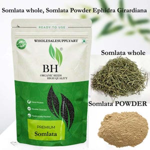 May include: A packet of Somlata seeds, labelled "PREMIUM Somlata", with samples of Somlata whole and Somlata powder. The packet has a green and white design and the text "ORGANIC SEEDS HIGH QUALITY". The text "READY TO USE" is also visible.