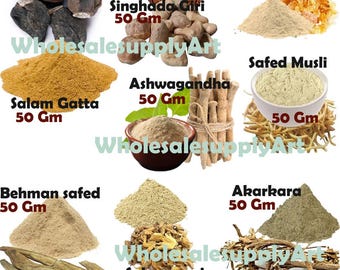 Combo de polvo orgánico Safed Musli, Ashwagandha, Gond katira, salam panja, Akarkara, Behman safed, Singhada Giri, Salam Gatta cada 50 gramos
