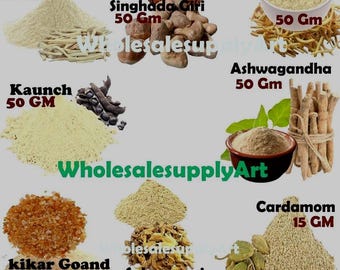 Shatavari orgánico, Safed Musli, Kaunch, Ashwagandha, kikar goand, Singhada Giri, salam panja, combinación de polvo de elaichi verde cada 50 gramos