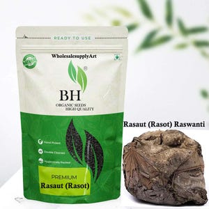 May include: A package of organic seeds labeled "BH Organic Seeds High Quality" with the text "Premium Rasaut (Rasot)". The package is white and green with a leaf design. Next to it is a brown, dried plant.