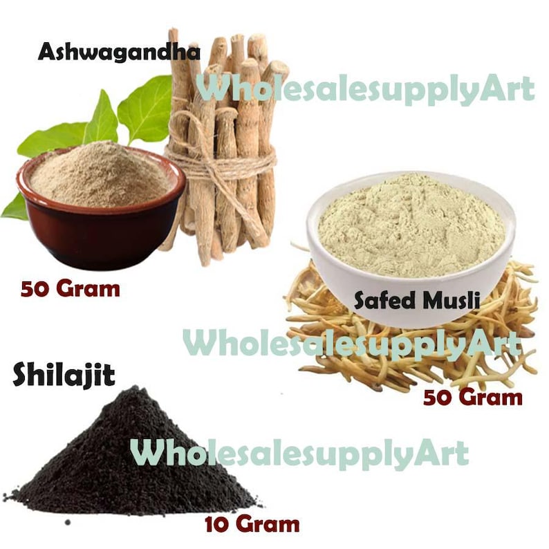 Ashwagandha, Safed Musli & Shilajit Combo | Ayurvedic Herbal | Natural Powder Set (Shilajit 10g)” Powder and Whole image 1