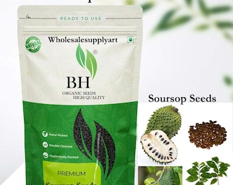 Peut inclure: Un paquet de graines de corossol de qualité supérieure avec le texte "Soursop Seeds". Le sac est blanc et vert avec le texte "Wholesalesupplyart", "BH Organic Seeds High Quality" et "Premium Soursop Seeds". L'image montre également des fruits et des plantes de corossol.