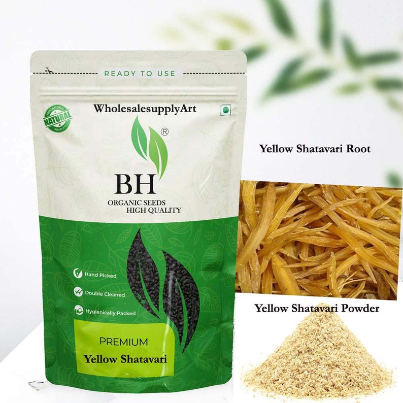 K&ouml;nnte beinhalten: Eine Packung Premium-Gelb-Shatavari-Samen von WholesalesupplyArt. Der Beutel ist wei&szlig; und gr&uuml;n, mit dem Text "Organic Seeds High Quality". Das Bild zeigt auch gelbe Shatavari-Wurzel und -Pulver.