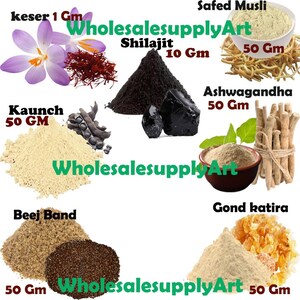 May include: A selection of herbal products, including saffron, Shilajit, Ashwagandha, and others, are displayed. Each product is labelled with its name and weight in grams. The image features the text "WholesalesupplyArt".