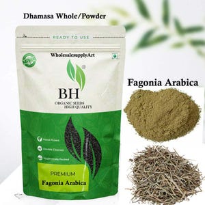 以下が含まれることがあります： 「Dhamasa Whole/Powder」のパッケージで、「READY TO USE」と「WholesalesupplyArt」の文字があります。パッケージは緑と白のデザインで、「BH ORGANIC SEEDS HIGH QUALITY」の文字があります。パッケージの横には、Fagonia Arabicaのサンプルが2つあります。粉末と乾燥した茎です。