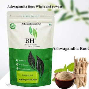 May include: A package of premium Ashwagandha Root powder and whole root pieces. The package is white and green with the text "Ashwagandha Root" and "Organic Seeds High Quality". A small bowl of powder and a bundle of root pieces are also shown.