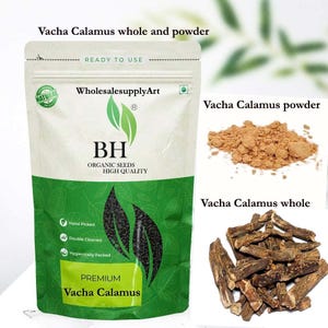 May include: A package of premium Vacha Calamus seeds, whole and powdered, with the text "READY TO USE". The package is white and green with the logo "BH ORGANIC SEEDS HIGH QUALITY". Beside the package are images of Vacha Calamus powder and whole pieces.