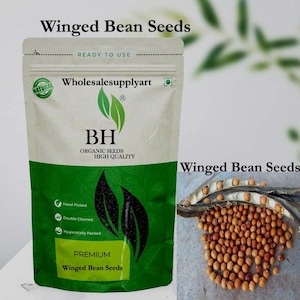 Puede incluir: Un paquete de semillas de judías aladas, con el texto "Winged Bean Seeds". El empaque es blanco y verde, con el logotipo de la marca "BH" y el texto "Organic Seeds High Quality". La imagen también muestra un primer plano de las semillas, con el texto "Hand Picked", "Double Cleaned" y "Hygienically Packed".