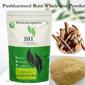 May include: A package of Pushkarmool Root Whole and Powder. The package is white and green with the text "Pushkarmool Root" and "Organic Seeds High Quality". The image also shows a bowl of Pushkarmool root and a pile of Pushkarmool powder.