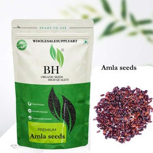 Puede incluir: Un paquete de semillas de Amla premium con el texto "BH Organic Seeds High Quality". El paquete es blanco y verde con cierre de cremallera. Un montón de semillas de Amla de color marrón rojizo está junto al paquete. El texto "Amla seeds" también está en la imagen.