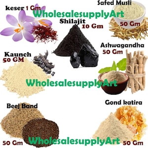 May include: A selection of herbal products, including saffron, Shilajit, Ashwagandha, and others, are displayed. Each product is labelled with its name and weight in grams. The image features a variety of colours and textures, with the text "WholesalesupplyArt" visible.