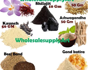 Ekologisk Ashwagandha, keser, Safed Musli, shilajeet, Kaunch, Gond katira, Beej Band pulver combo vardera 50 gram