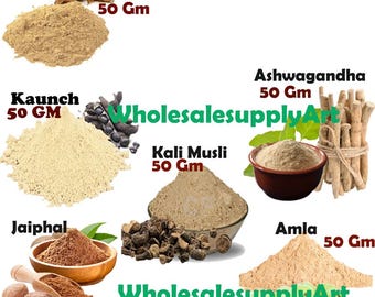 Organic Gokhru, Kaunch, Ashwagandha, Kali Musli , amla, Jaiphal  powder combo each 50 gram Herbs combo