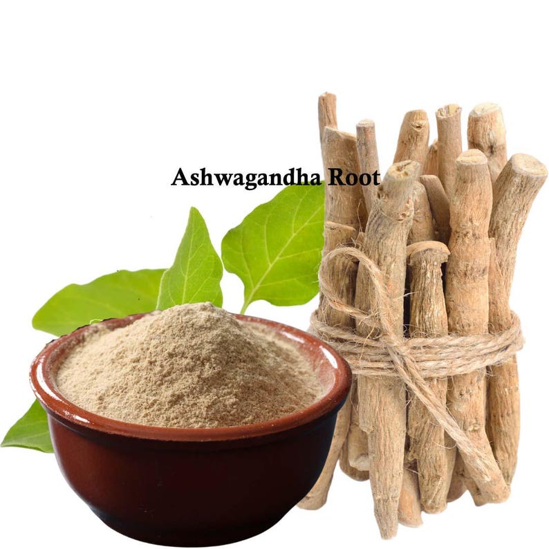 May include: An image featuring ashwagandha root and powder. A bundle of light brown ashwagandha roots is tied with twine. A small, brown bowl contains a pile of light brown ashwagandha powder. Green leaves are also present. The text "Ashwagandha Root" is displayed.