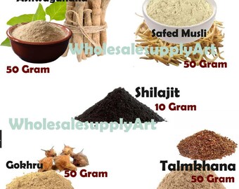 Natural Organic Ashwagandha, Gokhru ,Safed Musli, shilajit , talmkhana  powder combo each 50 gram free shipping