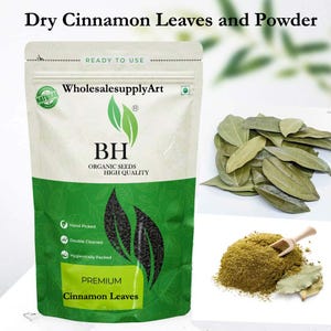 May include: A package of premium cinnamon leaves with the text "Dry Cinnamon Leaves and Powder". The package is white and green with the text "BH Organic Seeds High Quality". Beside the package are dried leaves and a pile of cinnamon powder with a wooden scoop.