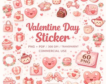 Set di adesivi di San Valentino / Adesivi carini per planner d'amore / Kawaii PNG di San Valentino / Adesivi digitali romantici / Uso commerciale