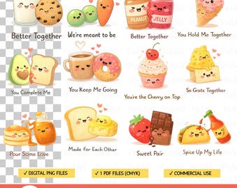 Funny Food Pairs Clipart, Cute Valentine Puns PNG, Kawaii Couple Stickers, Better Together Sublimation, Love Digital Art, Commercial Use