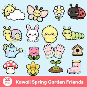 以下が含まれることがあります： 20個のKawaii Spring Garden Friendsイラストのコレクション。セットには、笑顔の太陽、雲、蝶、花、てんとう虫、カタツムリ、ウサギ、ヒヨコ、イモムシ、じょうろ、チューリップ、手袋、鳥小屋、キノコ、水仙、芽、ブーツが含まれています。
