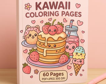 Könnte beinhalten: Ein Kawaii Coloring Pages Buch mit rosa Einband. Der Einband zeigt Illustrationen von Pfannkuchen mit Erdbeeren, einem katzenförmigen Gebäck, einem Getränk und einem Eis. Der Text "KAWAII COLORING PAGES" steht oben.