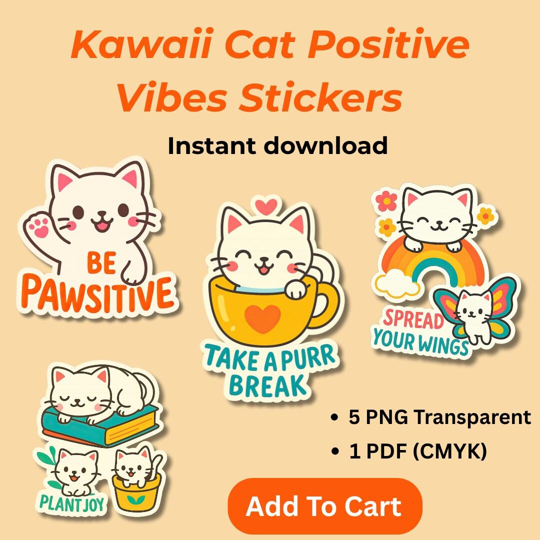 Cat Sticker Pack – Positive Vibes PNG & PDF | Printable for Ipad ...