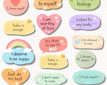 May include: A set of colourful stickers with positive affirmations in a watercolour style. Each sticker has a unique shape and message, including "I choose myself", "Be kind to myself", and "I deserve to be happy".