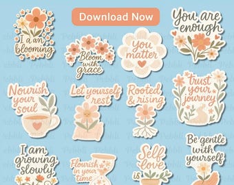 Pastel Self-Love Stickers – Motivational Quotes PNG for Planners, Journals & Self-Care Scrapbooking | Instant Download