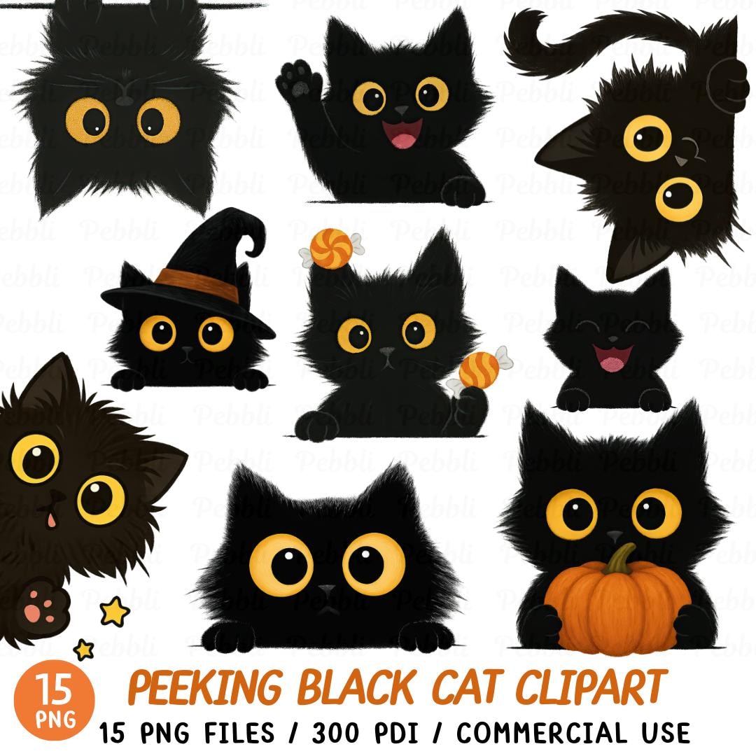 覗き見する黒猫のクリップアート：ハロウィンのかわいい子猫PNG
