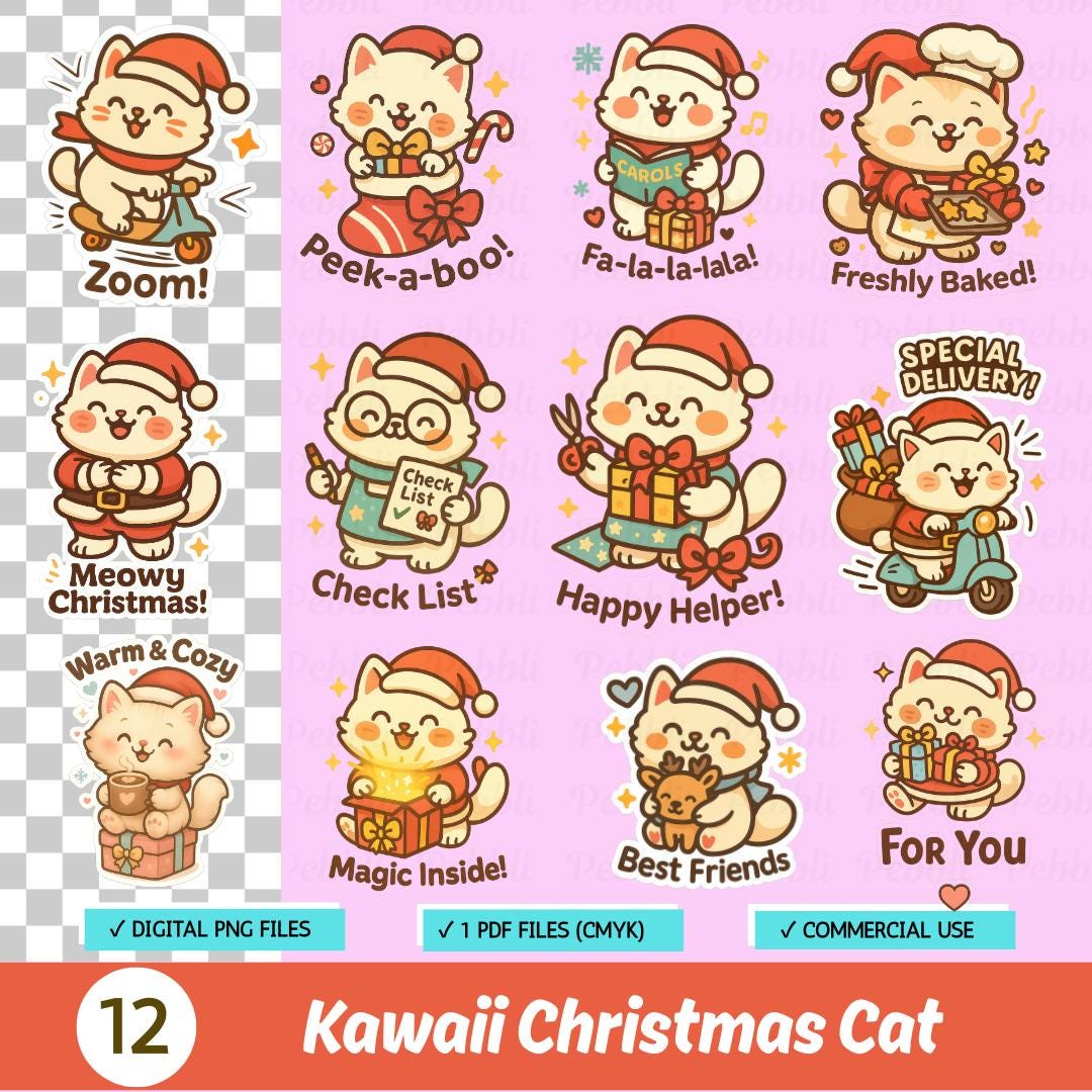 Kawaii Christmas Cat Sticker Pack | Holiday PNG Clipart (commercial Use ...